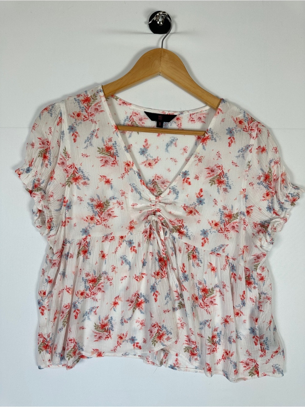 Floral Babydoll Crop Top Boho Peasant Blouse White M Cottagecore Coastal Summer